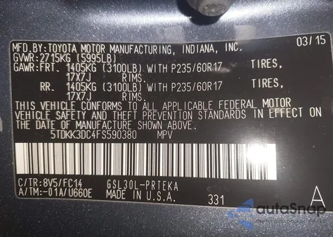 2015 Toyota Sienna Le 8 Passenger z USA, uszkodzony, nr VIN 5TDKK3DC4FS590380